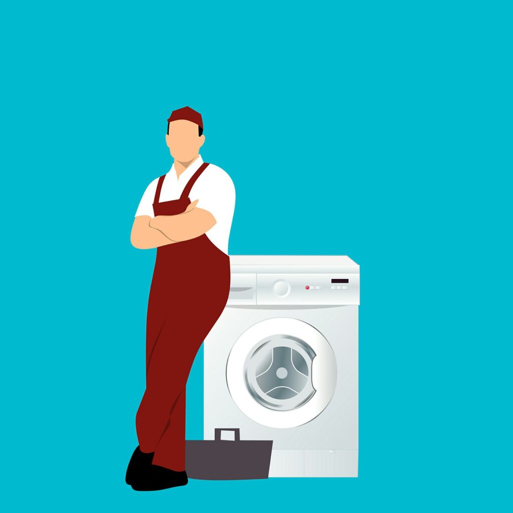 A technician standing near the Washing Machine along with his tool kit.